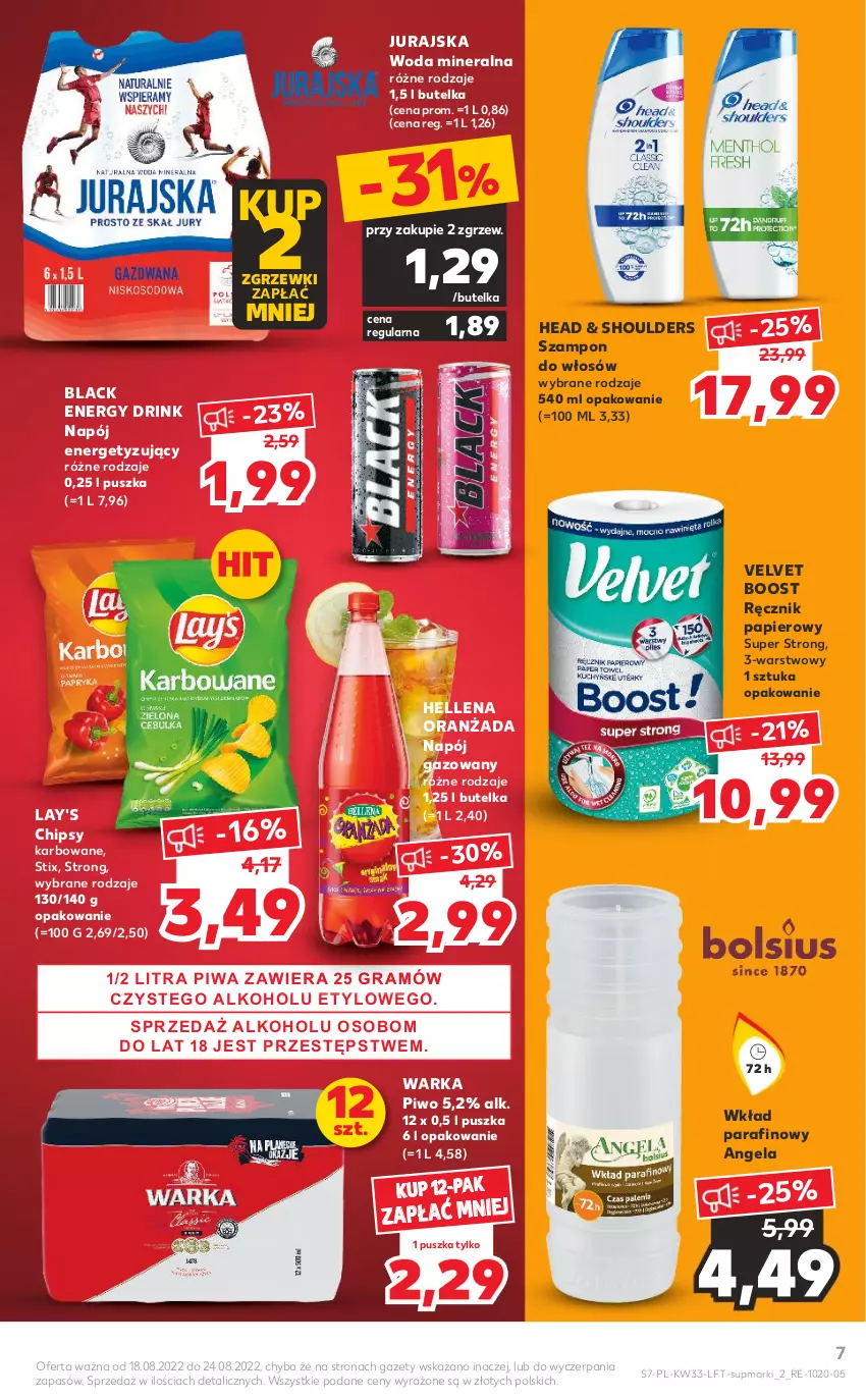 Gazetka promocyjna Kaufland - OFERTA TYGODNIA - ważna 18.08 do 24.08.2022 - strona 7 - produkty: Chipsy, Hellena, Lack, Napój, Napój gazowany, Oranżada, Papier, Piwa, Piwo, Ręcznik, Szampon, Velvet, Warka, Woda, Woda mineralna