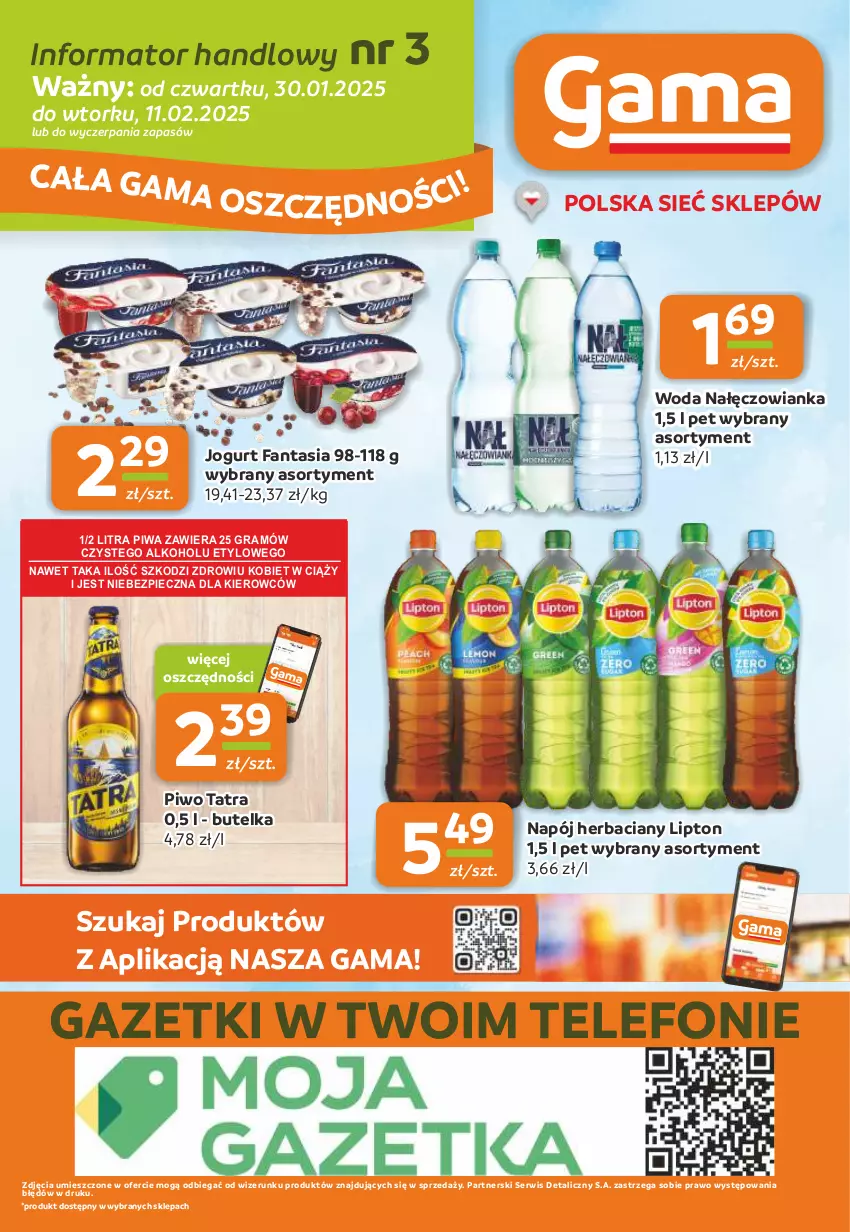 Gazetka promocyjna Gama - Gazetka Gama - ważna 30.01 do 11.02.2025 - strona 12 - produkty: Fa, Fanta, Gra, Jogurt, Lipton, Nałęczowianka, Napój, Piec, Piwa, Piwo, Ser, Tatra, Telefon, Woda