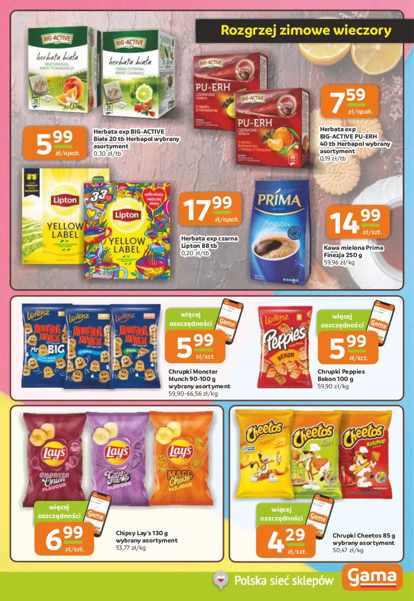 Gazetka promocyjna Gama - Gazetka Gama - ważna 30.01 do 11.02.2025 - strona 5 - produkty: Beko, Cheetos, Chipsy, Chrupki, Herbapol, Herbata, Kawa, Kawa mielona, Lipton, Monster Munch, Prima