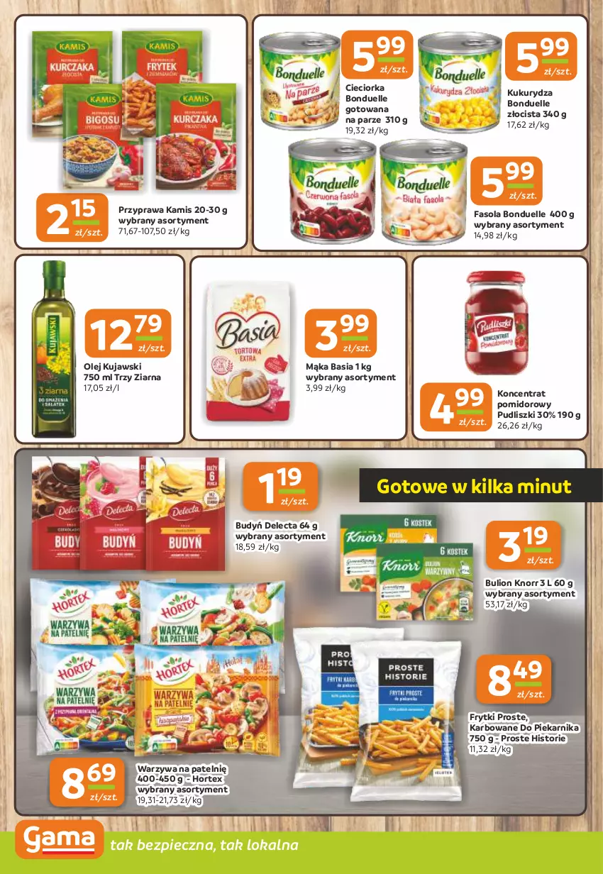 Gazetka promocyjna Gama - Gazetka Gama - ważna 30.01 do 11.02.2025 - strona 8 - produkty: Basia, Bonduelle, Budyń, Bulion, Cieciorka, Delecta, Fa, Fasola, Frytki, Hortex, Kamis, Knorr, Koncentrat pomidorowy, Kujawski, Kukurydza, Lion, Mąka, Olej, Orka, Piec, Piekarnik, Pudliszki, Warzywa