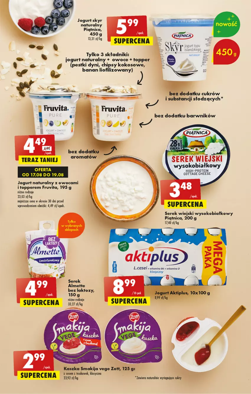 Gazetka promocyjna Biedronka - Od czwartku - ważna 17.08 do 23.08.2023 - strona 33 - produkty: Aktiplus, Almette, Jogurt, Jogurt naturalny, Kokos, Owoce, Pestki dyni, Piątnica, Ser, Serek, Serek wiejski, Smakija, Sok, Sos, Tera, Top