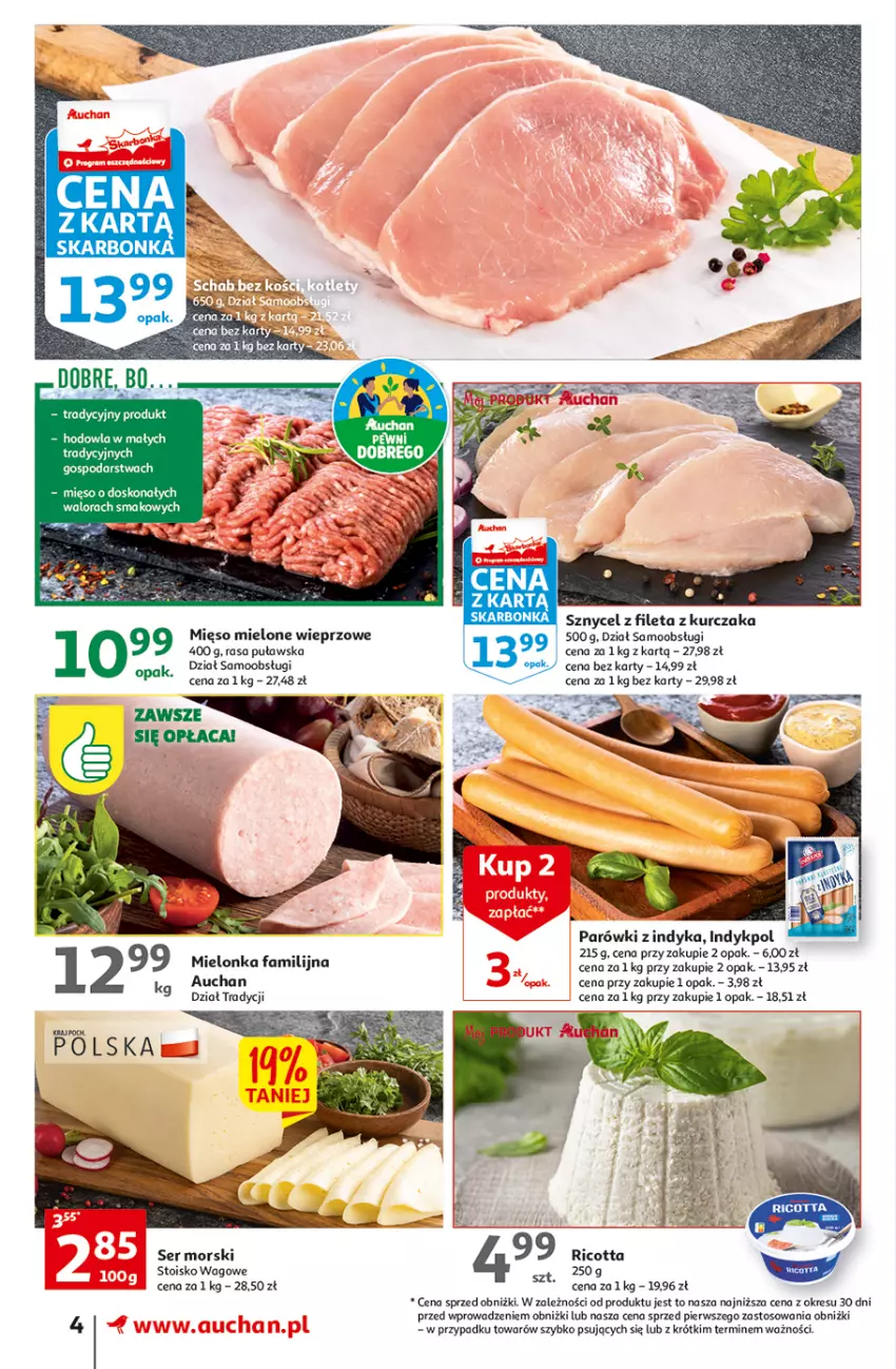 Gazetka promocyjna Auchan - Gazetka KORZYŚCI z kartą SKARBONKA Supermarket Auchan - ważna 02.02 do 08.02.2023 - strona 4 - produkty: Fa, Kurczak, Mięso, Mięso mielone, O nas, Parówki, Parówki z indyka, Ser