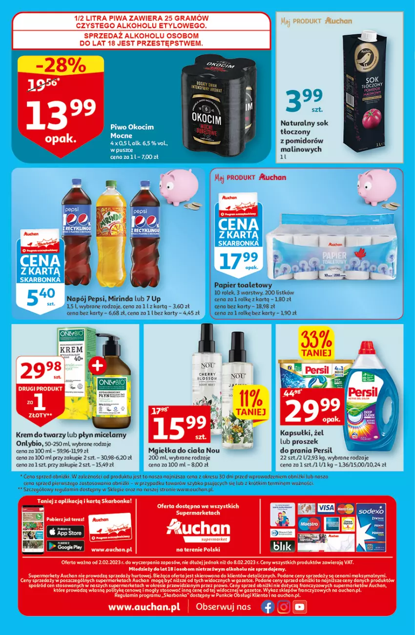 Gazetka promocyjna Auchan - Gazetka KORZYŚCI z kartą SKARBONKA Supermarket Auchan - ważna 02.02 do 08.02.2023 - strona 8 - produkty: Gra, Krem do twarzy, Mirinda, Napój, O nas, Papier, Papier toaletowy, Pepsi, Persil, Piwa, Ser, Sok