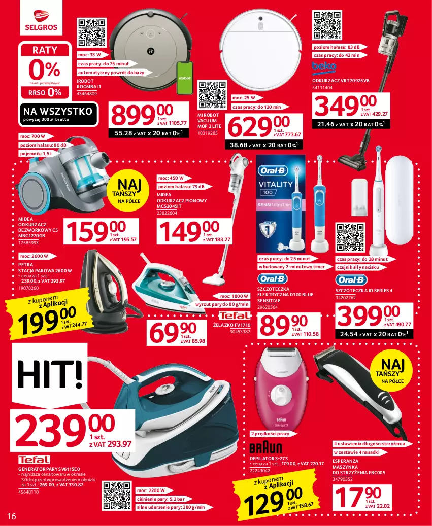 Gazetka promocyjna Selgros - Oferta przemysłowa - ważna 15.06 do 28.06.2023 - strona 16 - produkty: Depilator, Generator pary, IRobot, Maszynka, Mop, Odkurzacz, Pojemnik, Robot, Roomba, Ser, Szczoteczka, Szynka