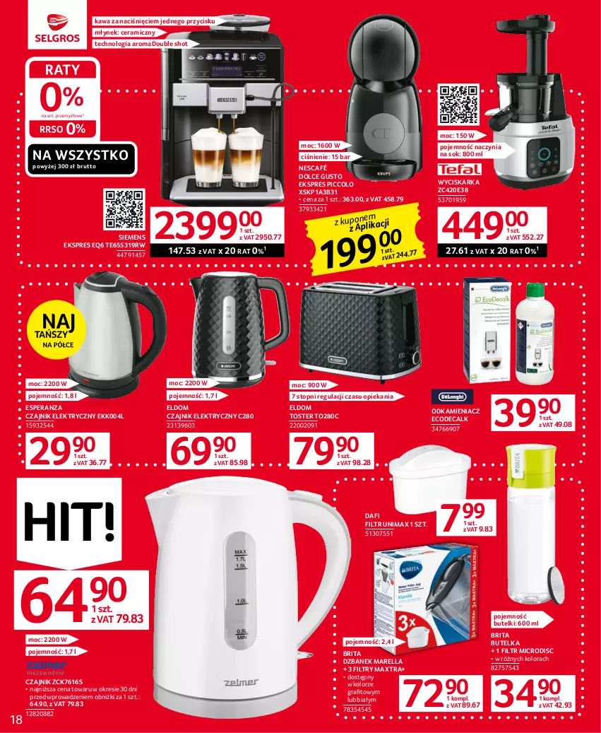 Gazetka promocyjna Selgros - Oferta przemysłowa - ważna 15.06 do 28.06.2023 - strona 18 - produkty: Brit, Brita, Czajnik, Czajnik elektryczny, Dolce Gusto, Dzbanek, Gra, Kawa, Młynek, Nescafé, Odkamieniacz, Siemens, Sok, Top, Toster, Wyciskarka