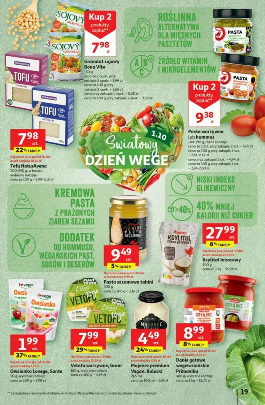 Gazetka promocyjna Auchan - ważna 28.09 do 04.10.2023 - strona 11 - produkty: Cukier, Danie gotowe, Gra, Graal, Hummus, Ksylitol, Majonez, Mus, Owsianka, Pasta warzywna, Prima, Primavika, Sante, Sezam, Tofu