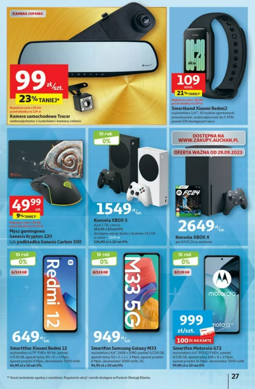 Gazetka promocyjna Auchan - ważna 28.09 do 04.10.2023 - strona 20 - produkty: Acer, Akumulator, Fa, Gala, Gra, Kamera, Konsola, Kosz, Motorola, Mysz, Podkład, Podkładka, Por, Pulsoksymetr, Samsung, Smartband, Smartfon, Sok, Sport, Wideorejestrator, Xbox