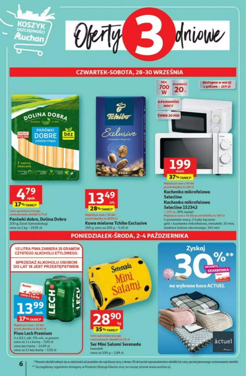 Gazetka promocyjna Auchan - ważna 28.09 do 04.10.2023 - strona 37 - produkty: Clin, Fa, Gra, Grill, Kawa, Kawa mielona, Kuchenka mikrofalowa, Lech Premium, Parówki, Piwa, Piwo, Salami, Ser, Talerz, Tchibo