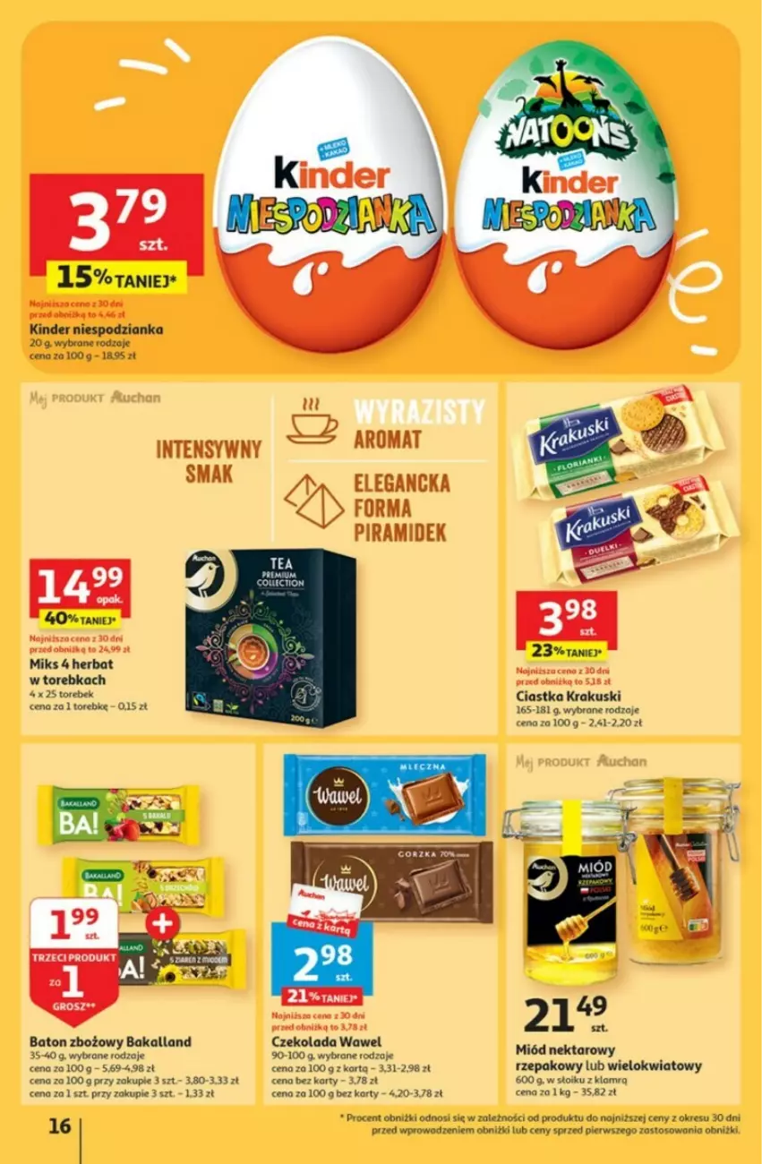 Gazetka promocyjna Auchan - ważna 28.09 do 04.10.2023 - strona 8 - produkty: Bakalland, Baton, Ciastka, Czekolada, Kinder, Krakus, Krakuski, Miód, Nektar, Torebka, Wawel