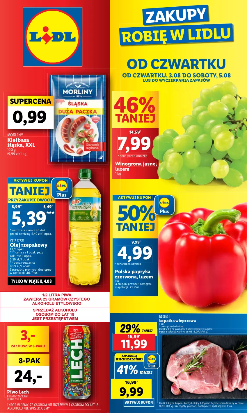 Gazetka promocyjna Lidl - GAZETKA - ważna 03.08 do 05.08.2023 - strona 1 - produkty: Gra, Kiełbasa, Kiełbasa śląska, Morliny, Olej, Olej rzepakowy, Papryka, Papryka czerwona, Piwo, Wino, Winogrona