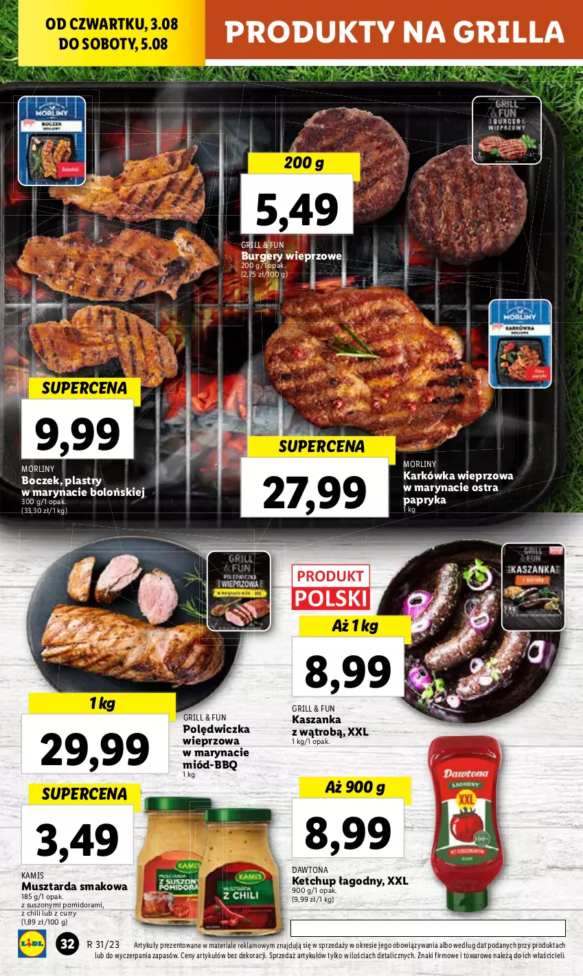 Gazetka promocyjna Lidl - GAZETKA - ważna 03.08 do 05.08.2023 - strona 70 - produkty: Boczek, Burger, Grill, Kamis, Karkówka wieprzowa, Kasza, Kaszanka, Ketchup, Miód, Mus, Musztarda, Papryka, Polędwiczka wieprzowa