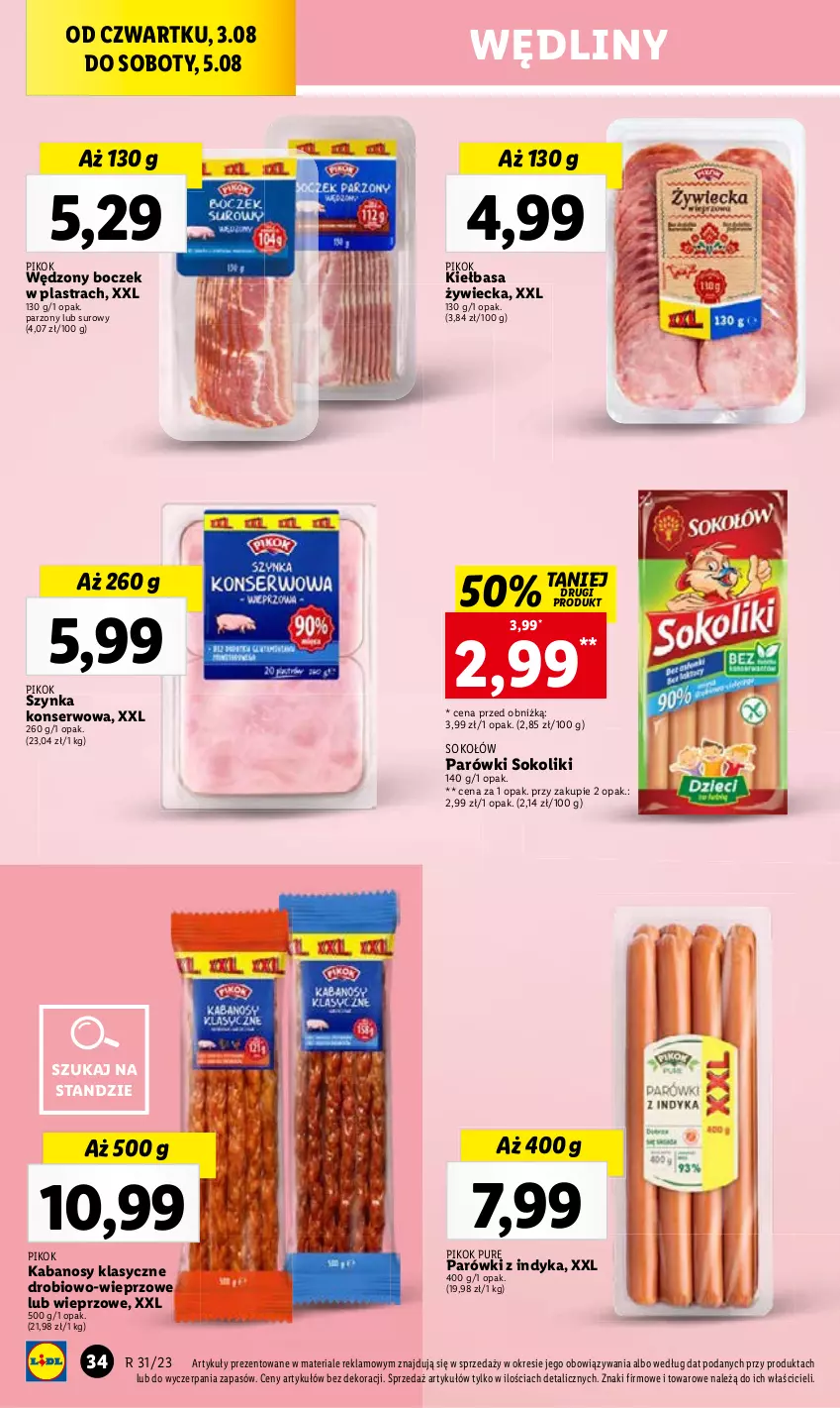 Gazetka promocyjna Lidl - GAZETKA - ważna 03.08 do 05.08.2023 - strona 72 - produkty: Boczek, Kabanos, Kiełbasa, Parówki, Parówki sokoliki, Parówki z indyka, PIKOK, Pur, Ser, Sok, Szynka, Szynka konserwowa