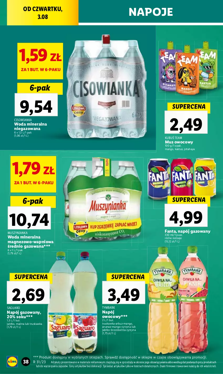 Gazetka promocyjna Lidl - GAZETKA - ważna 03.08 do 05.08.2023 - strona 78 - produkty: Ananas, Arbuz, Fa, Fanta, Kaktus, Magnez, Mango, Mus, Muszynianka, Napój, Napój gazowany, Napoje, Sok, Tymbark, Woda, Woda mineralna