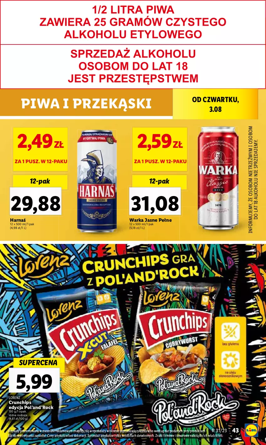 Gazetka promocyjna Lidl - GAZETKA - ważna 03.08 do 05.08.2023 - strona 83 - produkty: Crunchips, Harnaś, Lorenz, Piwa, Warka