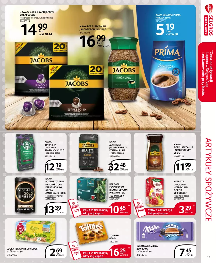 Gazetka promocyjna Selgros - Extra Oferta - ważna 01.06 do 30.06.2021 - strona 15 - produkty: Artykuły spożywcze, Czekolada, Dilmah, Gin, Herbata, Herbata owocowa, Jacobs, Jacobs Krönung, Jacobs Velvet, Kawa, Kawa mielona, Kawa rozpuszczalna, Kawa ziarnista, LG, Milka, Nescafé, Ogród, Prima, Teekanne, Toffifee, Velvet