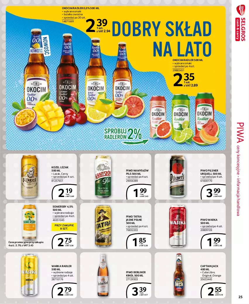 Gazetka promocyjna Selgros - Extra Oferta - ważna 01.06 do 30.06.2021 - strona 25 - produkty: Captain Jack, Gin, Koc, Kozel, Namysłów, Okocim, Pilsner Urquell, Piwa, Piwo, Radler, Somersby, Tatra, Warka