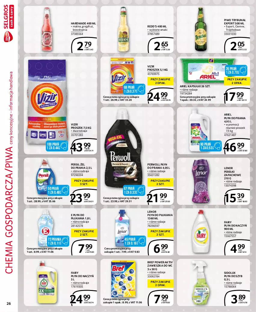 Gazetka promocyjna Selgros - Extra Oferta - ważna 01.06 do 30.06.2021 - strona 26 - produkty: Ariel, Bref, Fa, Fairy, Grejpfrut, Lenor, Perełki zapachowe, Persil, Perwoll, Piwa, Piwo, Płyn do płukania, Płyn do prania, Płyn do szyb, Por, Sidolux, Vizir, Zawieszka do wc