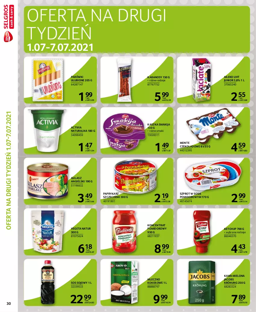 Gazetka promocyjna Selgros - Extra Oferta - ważna 01.06 do 30.06.2021 - strona 30 - produkty: Activia, Jacobs, Jacobs Krönung, Kabanos, Kawa, Kawa mielona, Ketchup, Kokos, Koncentrat pomidorowy, Mleczko, Mleko, Monte, Papryka, Paprykarz, Paprykarz szczeciński, Parówki, Smakija, Sos, Sos sojowy, Szprot, Szprot w sosie, Vegeta, Vegeta Natur