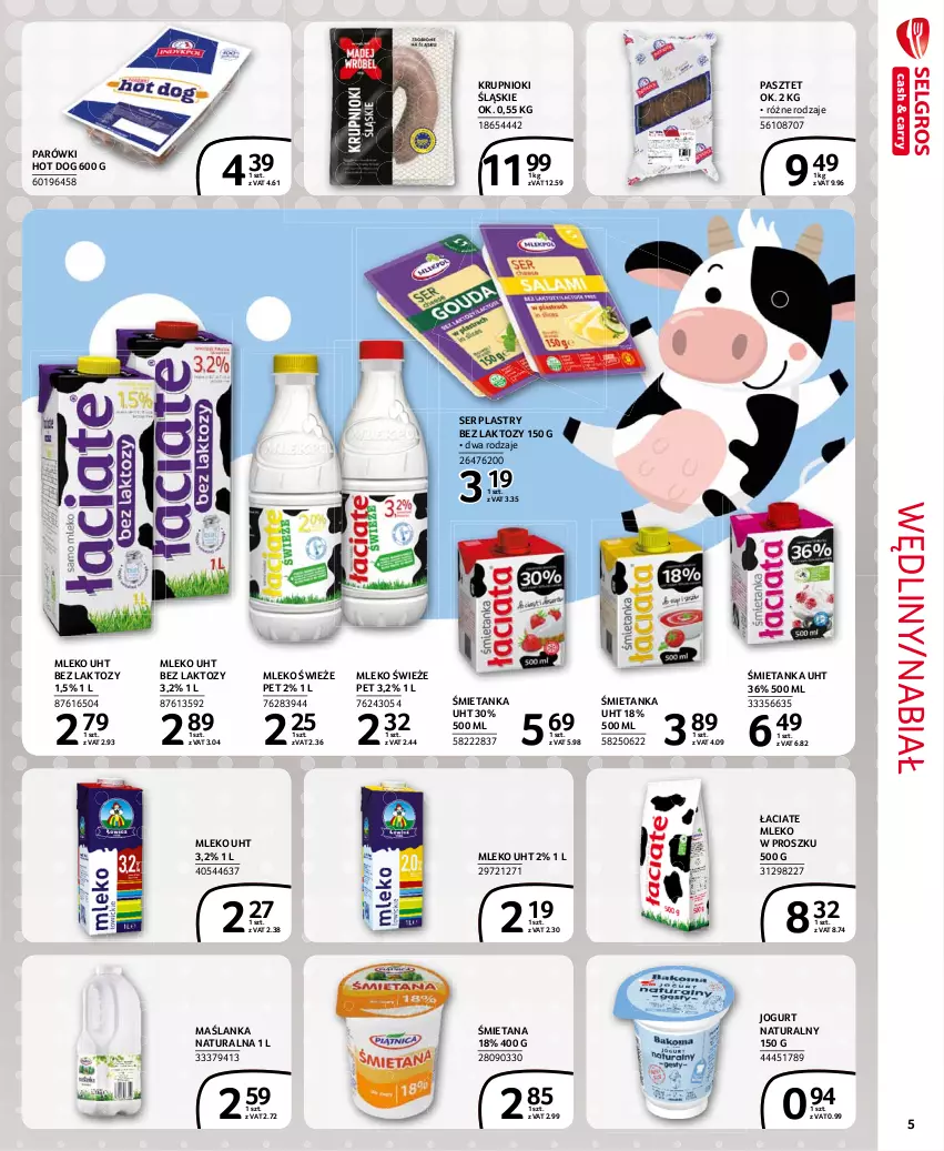 Gazetka promocyjna Selgros - Extra Oferta - ważna 01.06 do 30.06.2021 - strona 5 - produkty: Hot dog, Jogurt, Jogurt naturalny, Maślanka, Mleko, Mleko w proszku, Parówki, Parówki hot dog, Pasztet, Ser