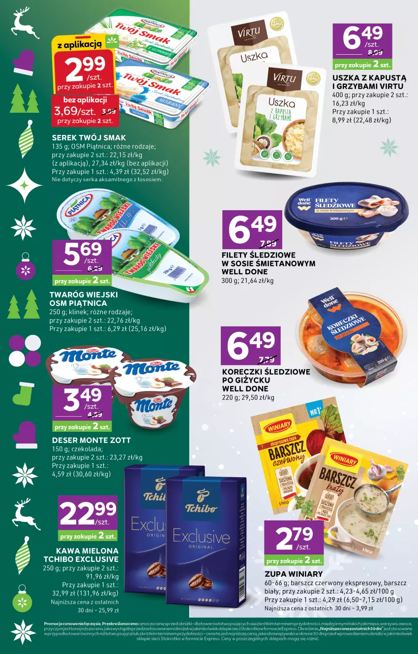 Gazetka promocyjna Stokrotka - Stokrotka Express - ważna 22.12 do 28.12.2025 - strona 4 - produkty: Aksam, Czekolada, Deser, Fa, Gin, Kapustą, Kawa, Kawa mielona, Koreczki śledziowe, Mięso, Monte, Owoce, Piątnica, Ser, Serek, Sos, Tchibo, Twaróg, Twój Smak, Virtu, Warzywa, Winiary, Zott, Zupa