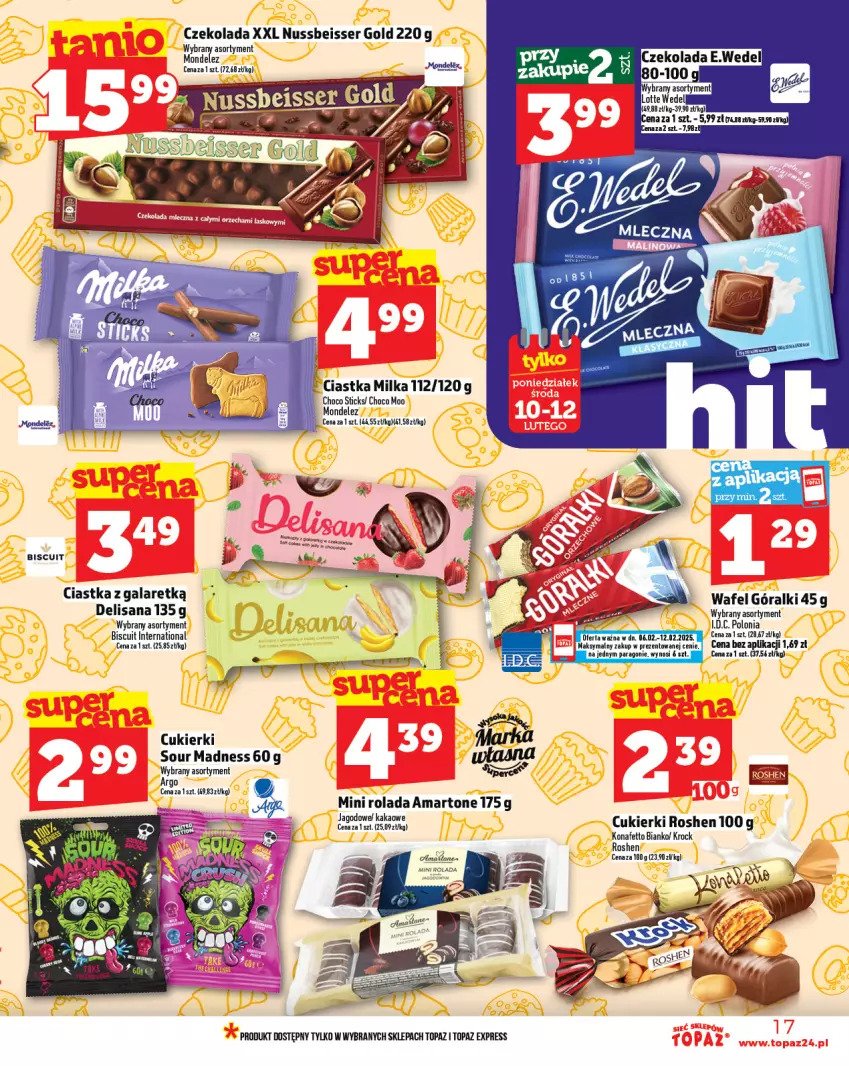 Gazetka promocyjna Topaz - Gazetka - ważna 06.02 do 12.02.2025 - strona 17 - produkty: Ciastka, Cukier, Cukierki, Czekolada, Gala, Góralki, Isana, Milka, Rolada, Ser, Top