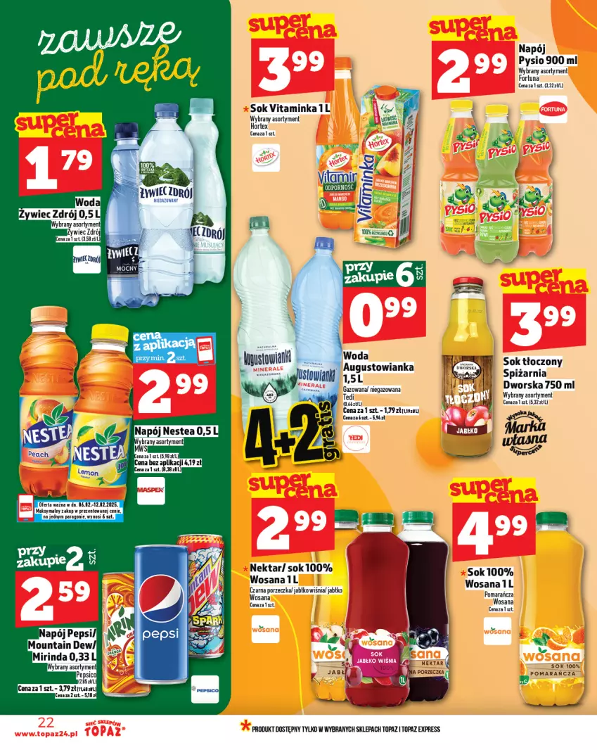 Gazetka promocyjna Topaz - Gazetka - ważna 06.02 do 12.02.2025 - strona 22 - produkty: Fortuna, Inka, Napój, Nektar, Nestea, Pepsi, Por, Sok, Top, Wosana