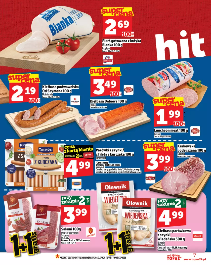 Gazetka promocyjna Topaz - Gazetka - ważna 06.02 do 12.02.2025 - strona 7 - produkty: Bianka, Kiełbasa, Kiełbasa podwawelska, Kurczak, LANA, Olewnik, Parówki, Parówki z szynki, Pekpol, Sok, Sokołów, Top, Wawel