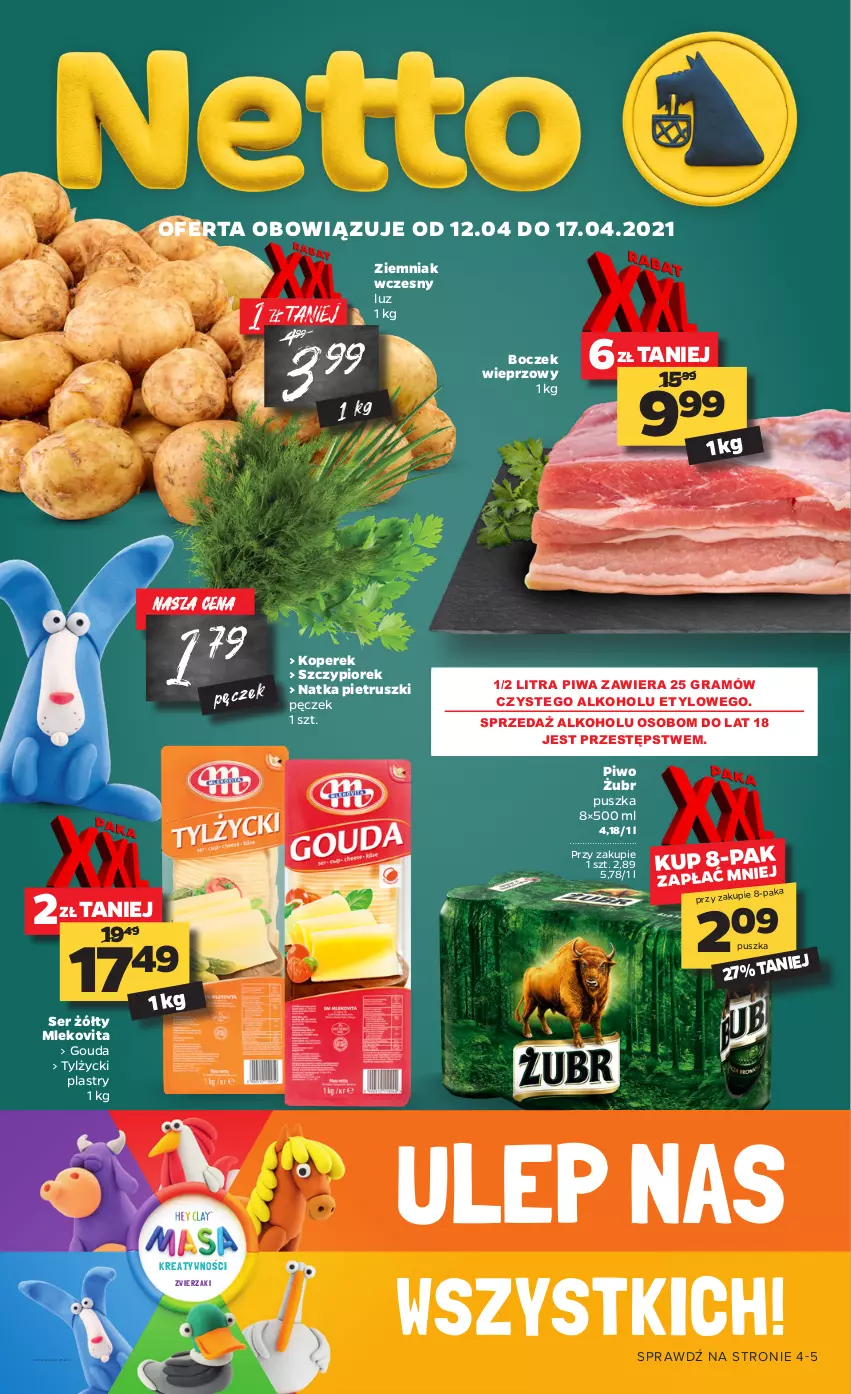 Gazetka promocyjna Netto - ważna 12.04 do 17.04.2021 - strona 1 - produkty: Boczek, Boczek wieprzowy, Gouda, Gra, Hey Clay, Mleko, Mlekovita, Natka pietruszki, Piwa, Piwo, Ser