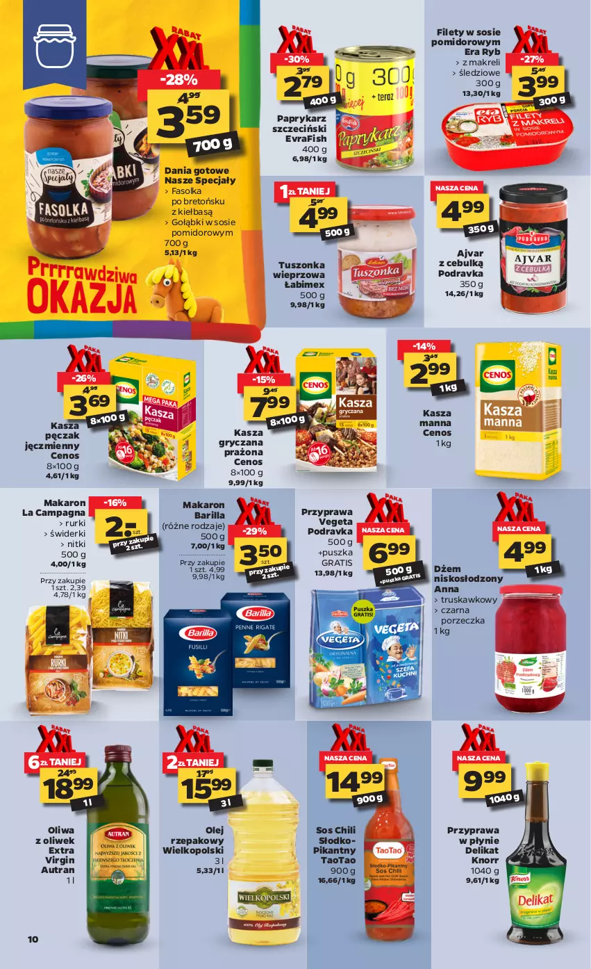 Gazetka promocyjna Netto - ważna 12.04 do 17.04.2021 - strona 10 - produkty: Barilla, Cenos, Dania gotowe, Dżem, Era Ryb, Fa, Gin, Gra, Gry, Kasza, Kasza gryczana, Knorr, Makaron, Olej, Olej rzepakowy, Oliwa z oliwek, Papryka, Paprykarz, Paprykarz szczeciński, Podravka, Por, Przyprawa w płynie, Rurki, Sos, TaoTao, Tran, Tusz, Vegeta