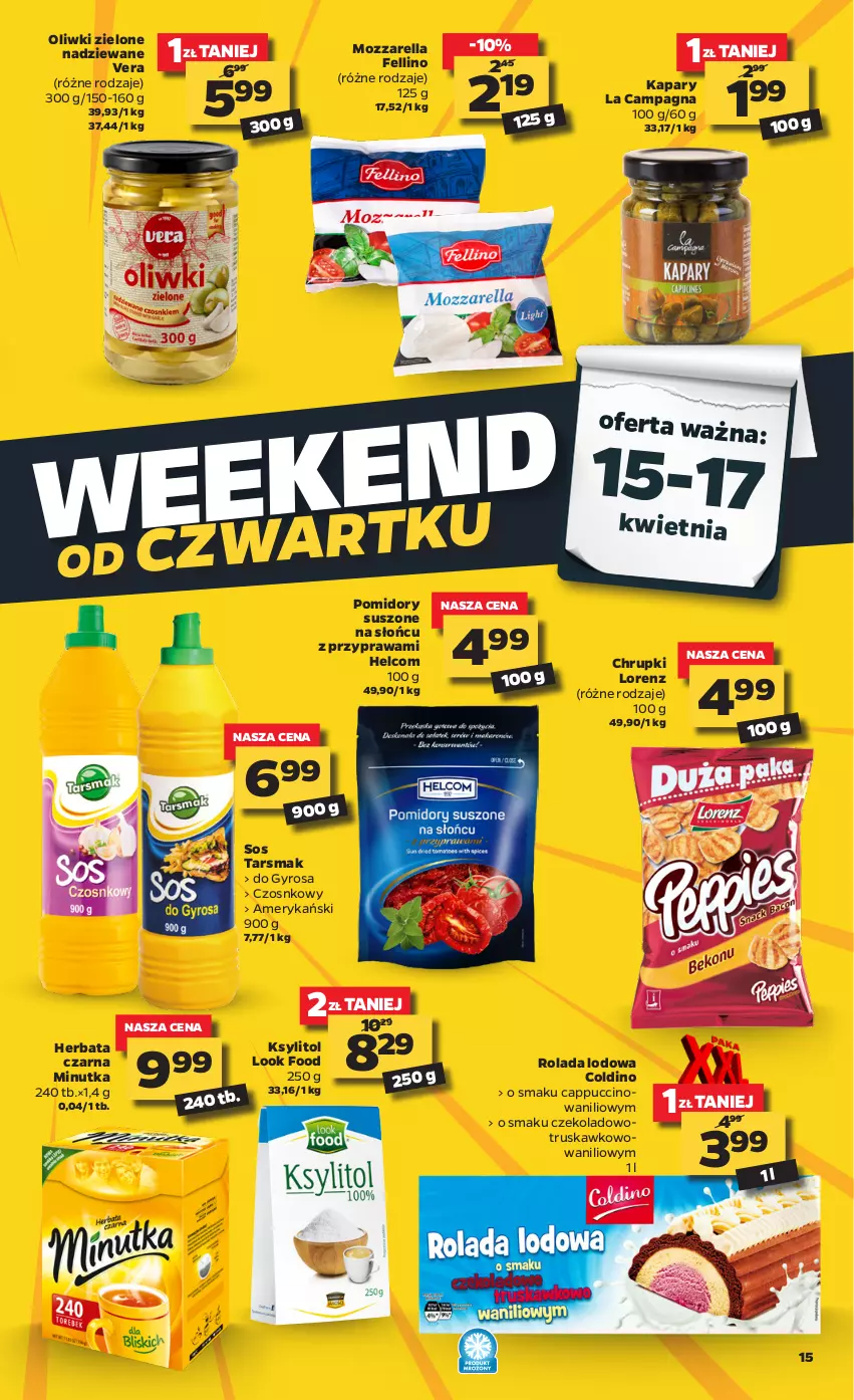 Gazetka promocyjna Netto - ważna 12.04 do 17.04.2021 - strona 15 - produkty: Cappuccino, Chrupki, Gyros, HELCOM, Herbata, Herbata czarna, Kapary, Ksylitol, Lorenz, Mozzarella, Oliwki, Oliwki zielone, Pomidory, Rolada, Sos