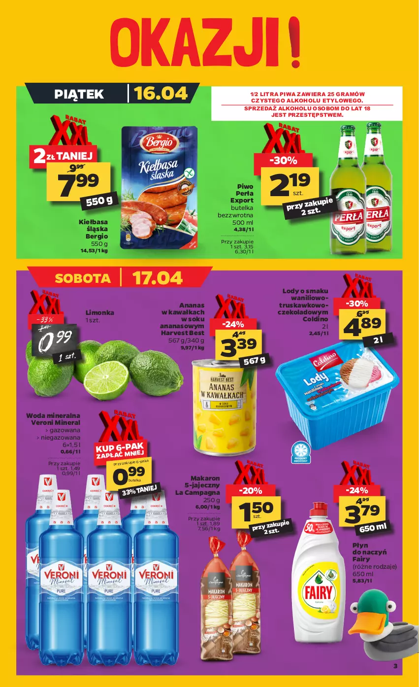 Gazetka promocyjna Netto - ważna 12.04 do 17.04.2021 - strona 3 - produkty: Ananas, Fa, Fairy, Gra, Kawa, Kiełbasa, Kiełbasa śląska, Limonka, Lody, Makaron, Perła, Piwa, Piwo, Por, Sok, Woda, Woda mineralna