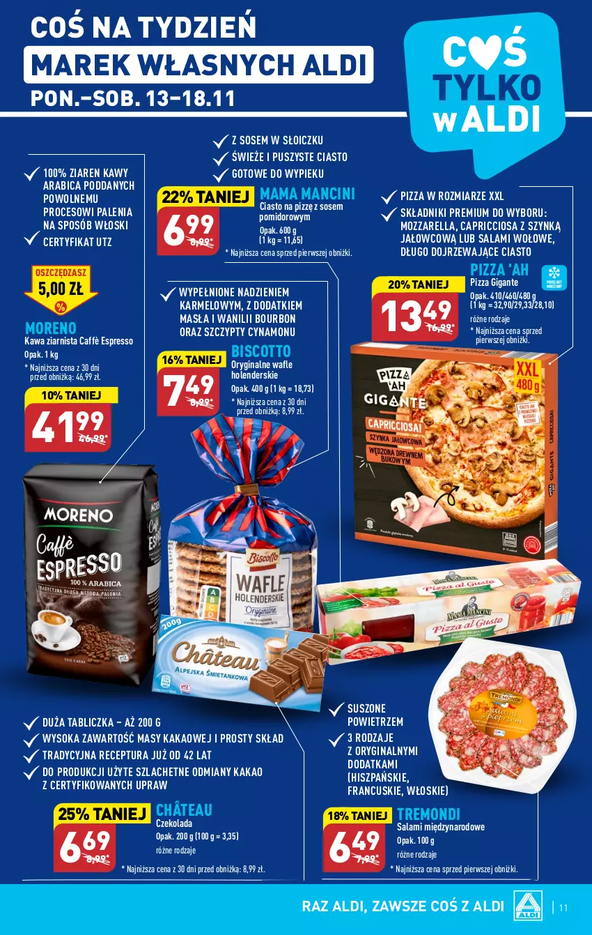 Gazetka promocyjna Aldi - Pełna oferta - ważna 13.11 do 18.11.2023 - strona 11 - produkty: BIC, Bourbon, Czekolada, Gin, Kakao, Kawa, Kawa ziarnista, Mozzarella, Pizza, Salami, Sok, Sos, Wafle