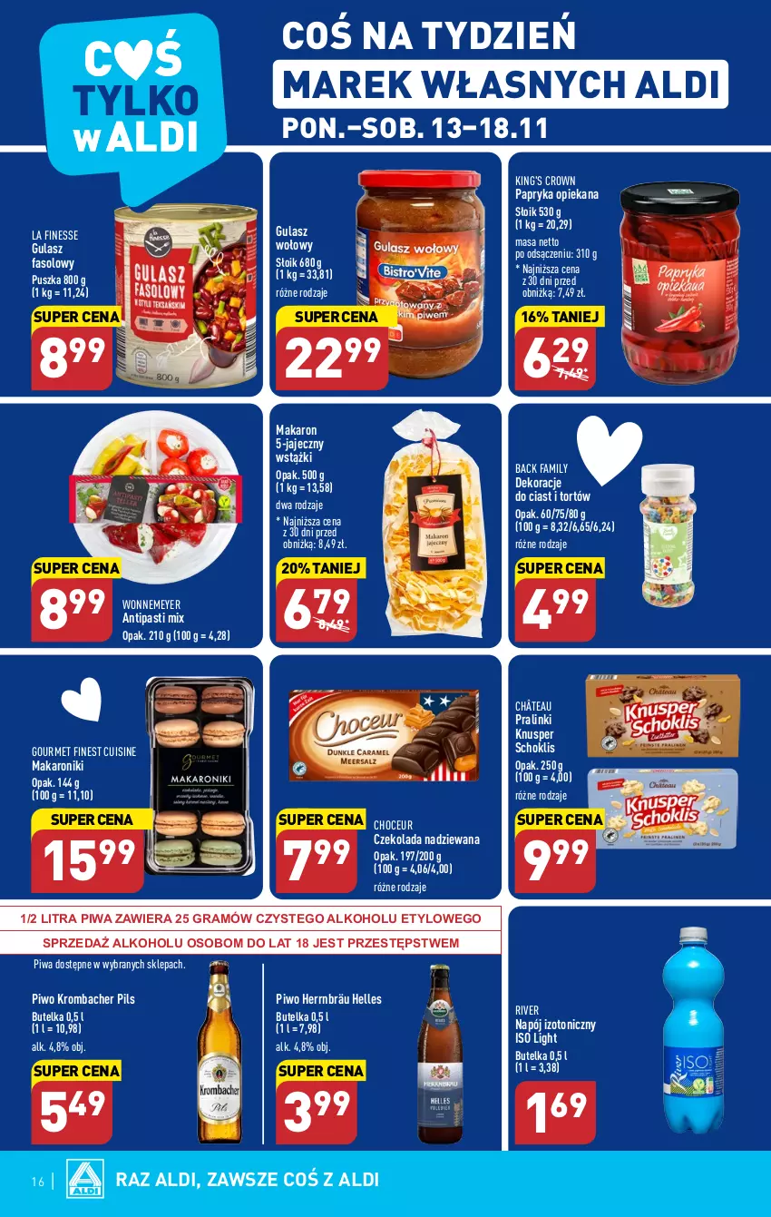 Gazetka promocyjna Aldi - Pełna oferta - ważna 13.11 do 18.11.2023 - strona 16 - produkty: Czekolada, Czekolada nadziewana, Fa, Gra, Gulasz wołowy, Makaron, Napój, Napój izotoniczny, Papryka, Piwa, Piwo