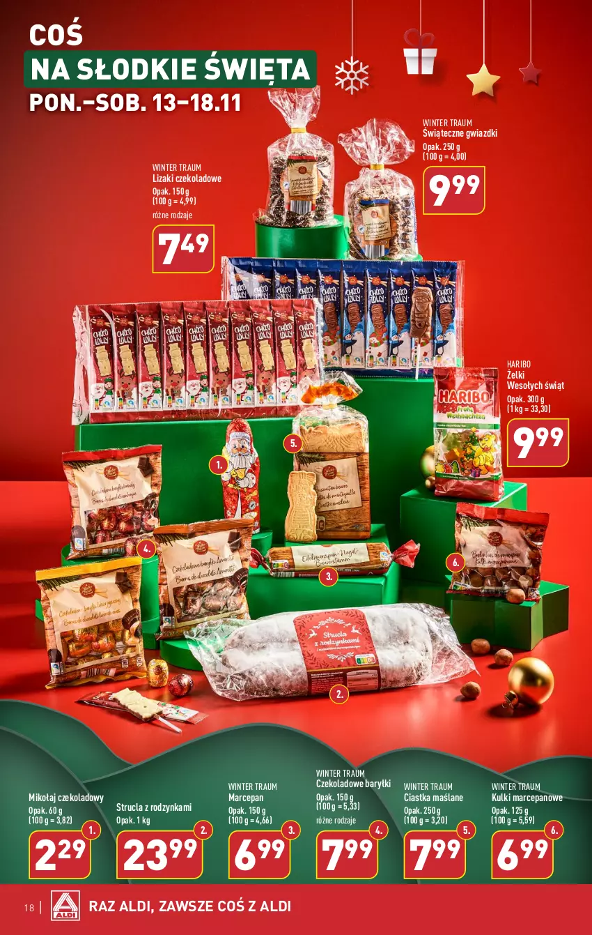 Gazetka promocyjna Aldi - Pełna oferta - ważna 13.11 do 18.11.2023 - strona 18 - produkty: Baryłki, Ciastka, Haribo, Lizaki, Lizaki czekoladowe, Strucla