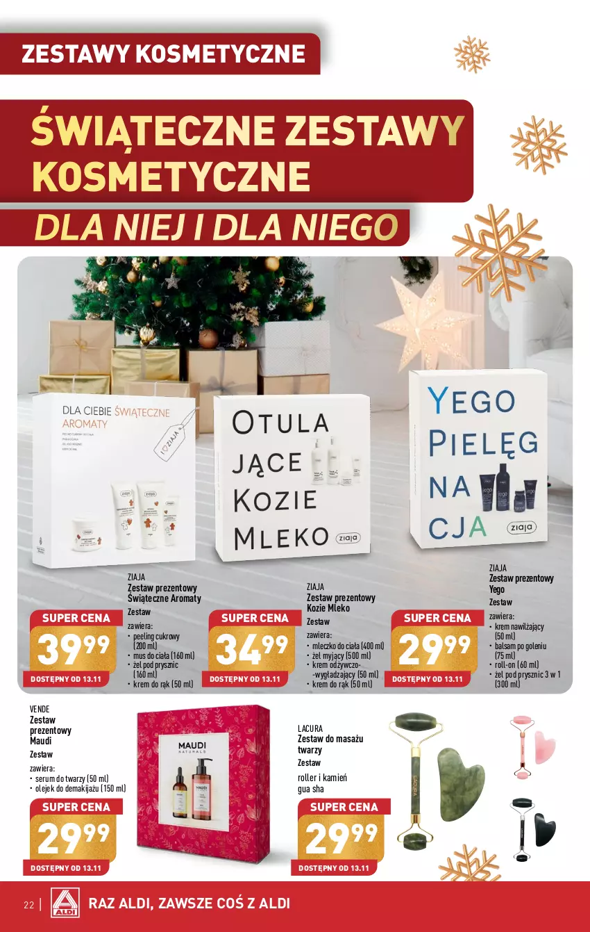 Gazetka promocyjna Aldi - Pełna oferta - ważna 13.11 do 18.11.2023 - strona 22 - produkty: Balsam po goleniu, Krem do rąk, Krem nawilżający, Makijaż, Mleczko, Mleczko do ciała, Mleko, Mus, Olej, Olejek do demakijażu, Peeling, Roller, Rum, Ser, Serum, Serum do twarzy, Zestaw prezentowy, Ziaja