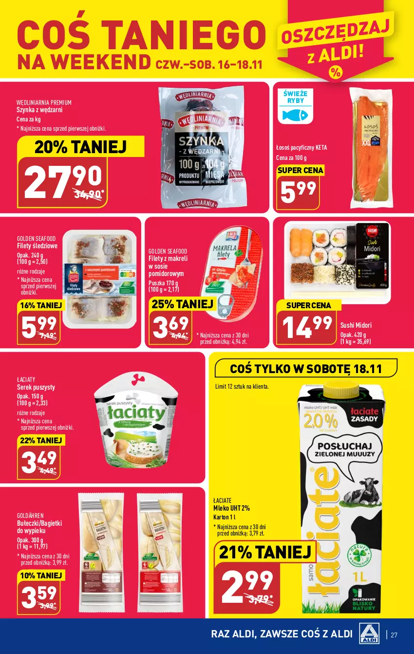 Gazetka promocyjna Aldi - Pełna oferta - ważna 13.11 do 18.11.2023 - strona 27 - produkty: Bułeczki, Golden Seafood, Mleko, Ser, Serek, Serek puszysty, Sos, Sushi, Szynka