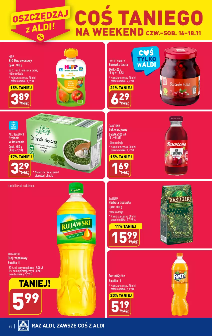 Gazetka promocyjna Aldi - Pełna oferta - ważna 13.11 do 18.11.2023 - strona 28 - produkty: All Seasons, Borówka, Dawtona, Fa, Fanta, Herbata, HiPP, Hipp Bio, Kujawski, Mus, Olej, Olej rzepakowy, Sok, Sprite, Szpinak