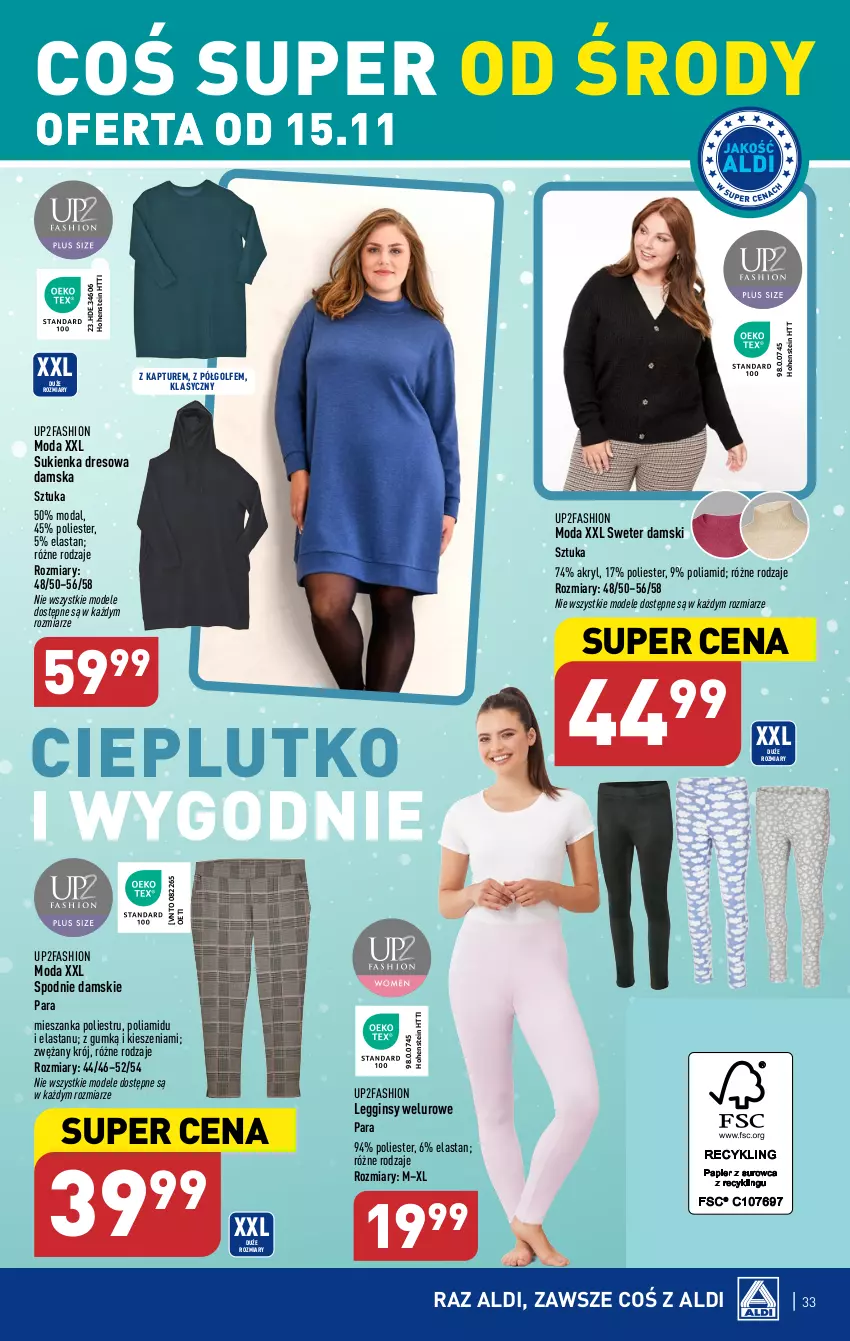 Gazetka promocyjna Aldi - Pełna oferta - ważna 13.11 do 18.11.2023 - strona 33 - produkty: Dres, Fa, Gin, Legginsy, Moda, Spodnie, Sukienka, Sweter