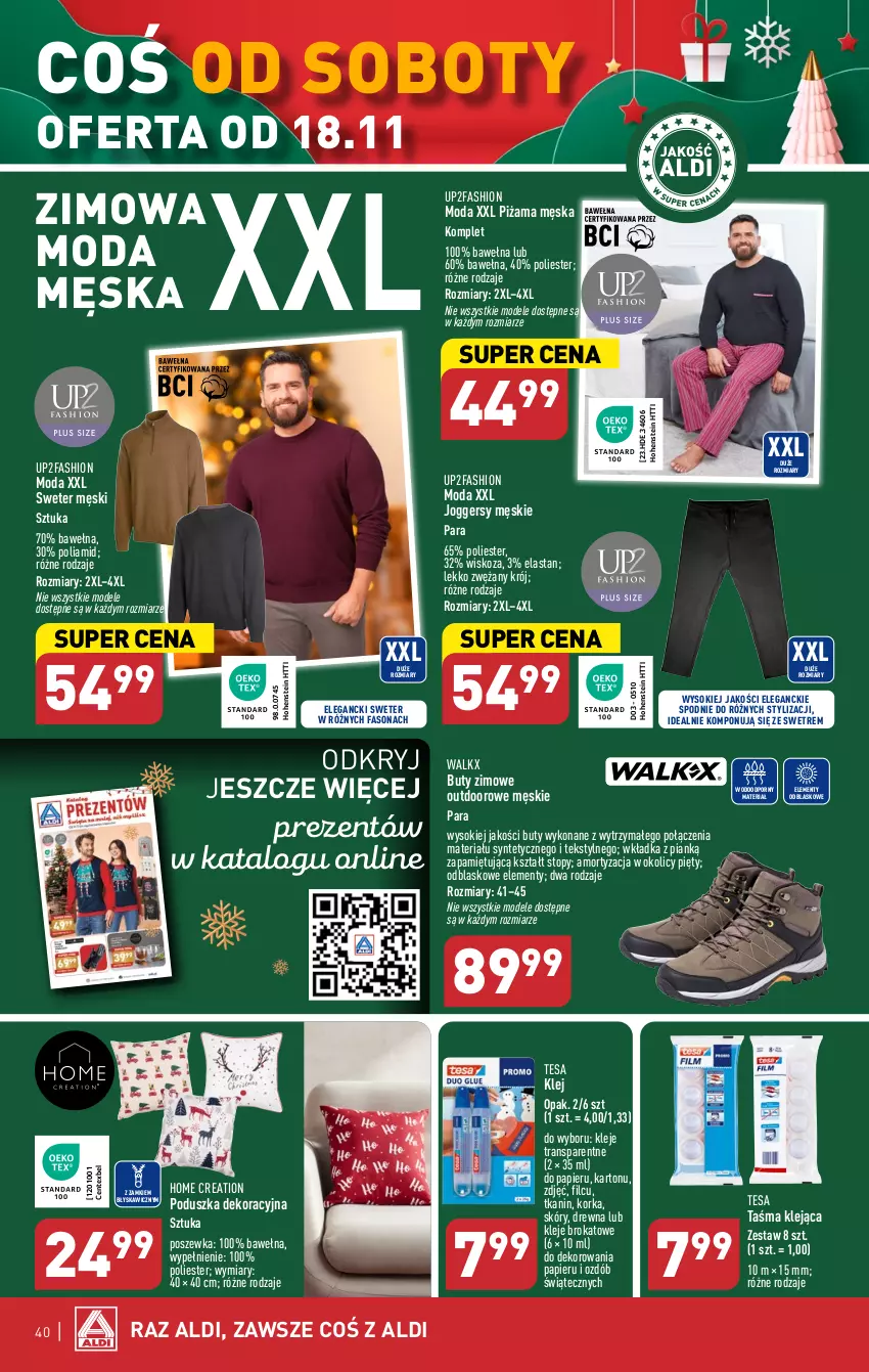 Gazetka promocyjna Aldi - Pełna oferta - ważna 13.11 do 18.11.2023 - strona 40 - produkty: Buty, Buty zimowe, Fa, Klej, Moda, Orka, Papier, Piżama, Poduszka, Poduszka dekoracyjna, Por, Poszewka, Sok, Spodnie, Sweter, Top, Tran, Wełna