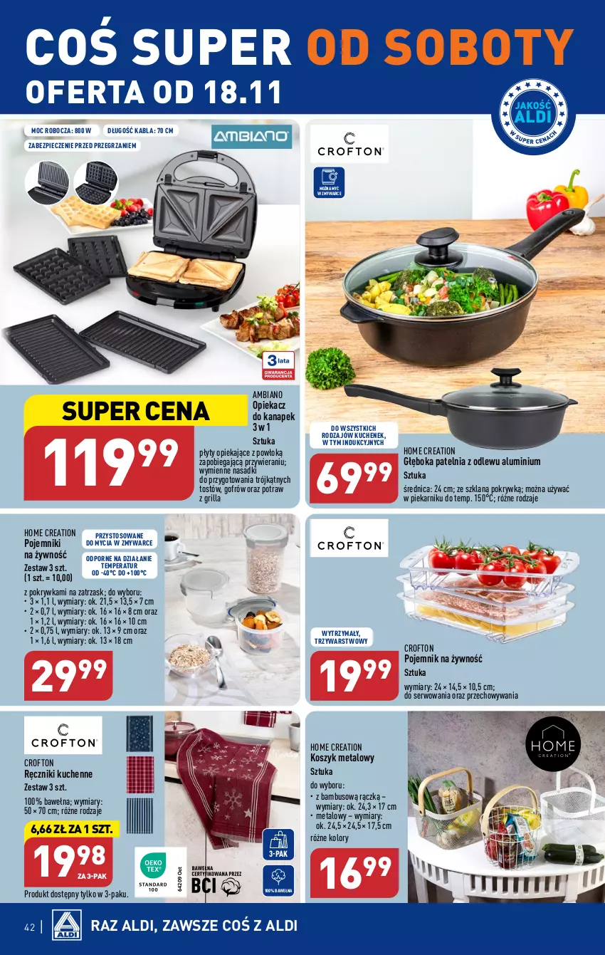 Gazetka promocyjna Aldi - Pełna oferta - ważna 13.11 do 18.11.2023 - strona 42 - produkty: Grill, Kosz, Opiekacz do kanapek, Patelnia, Piec, Piekarnik, Pojemnik, Por, Ręcznik, Ser, Wełna