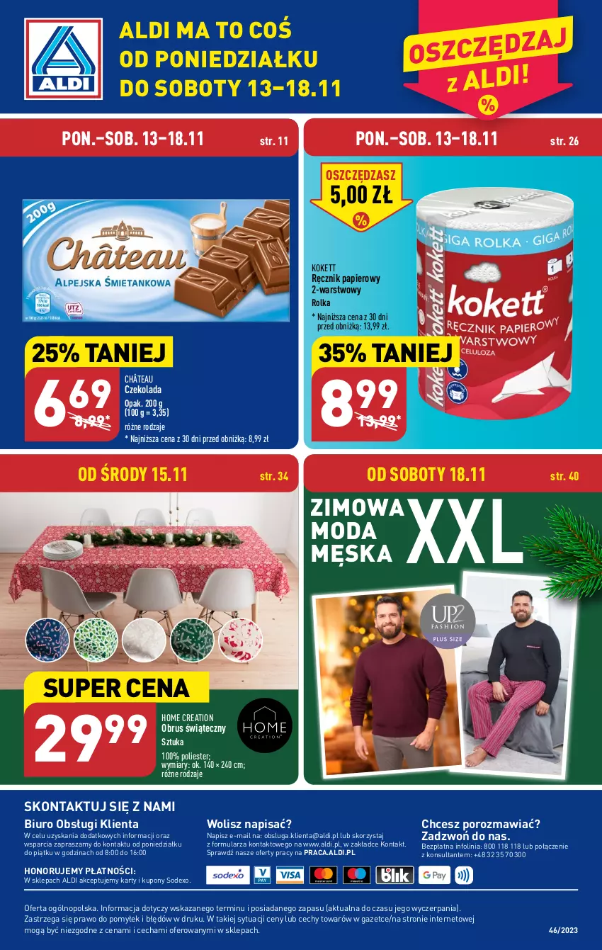 Gazetka promocyjna Aldi - Pełna oferta - ważna 13.11 do 18.11.2023 - strona 46 - produkty: Biuro, Czekolada, Moda, O nas, Obrus, Papier, Por, Ręcznik