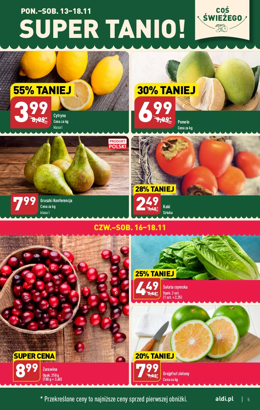 Gazetka promocyjna Aldi - Pełna oferta - ważna 13.11 do 18.11.2023 - strona 5 - produkty: Grejpfrut, Gruszki, Kaki, Pomelo, Sałat