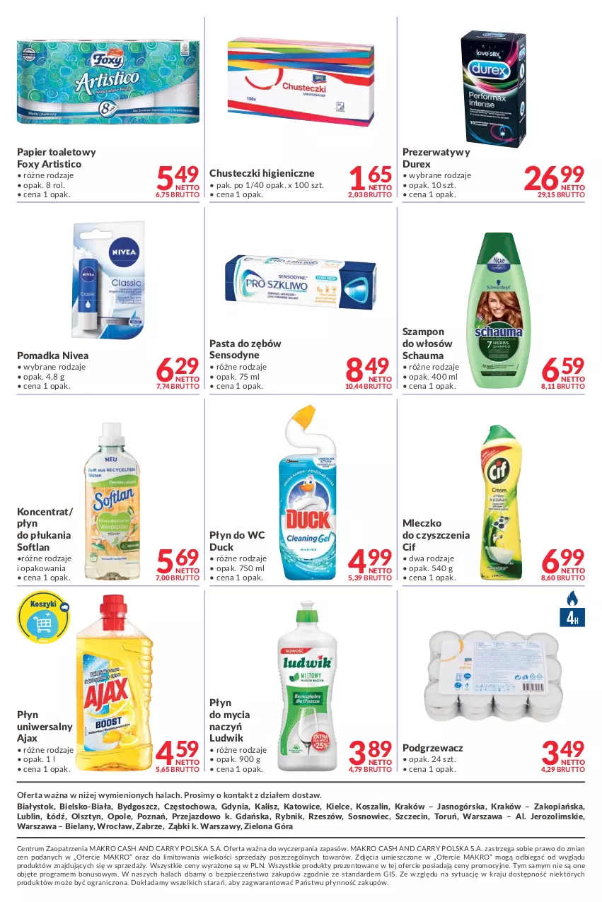 Gazetka promocyjna Makro - [Oferta promocyjna] Dostawy - ważna 07.01 do 24.01.2022 - strona 12 - produkty: Ajax, Chusteczki, Cif, Do mycia naczyń, Duck, Durex, Foxy, Gra, Kosz, Ludwik, Mleczko, Nivea, Papier, Papier toaletowy, Pasta do zębów, Piec, Płyn do mycia, Płyn do mycia naczyń, Płyn do płukania, Płyn do wc, Prezerwatyw, Rum, Schauma, Sensodyne, Sos, Szal, Szampon