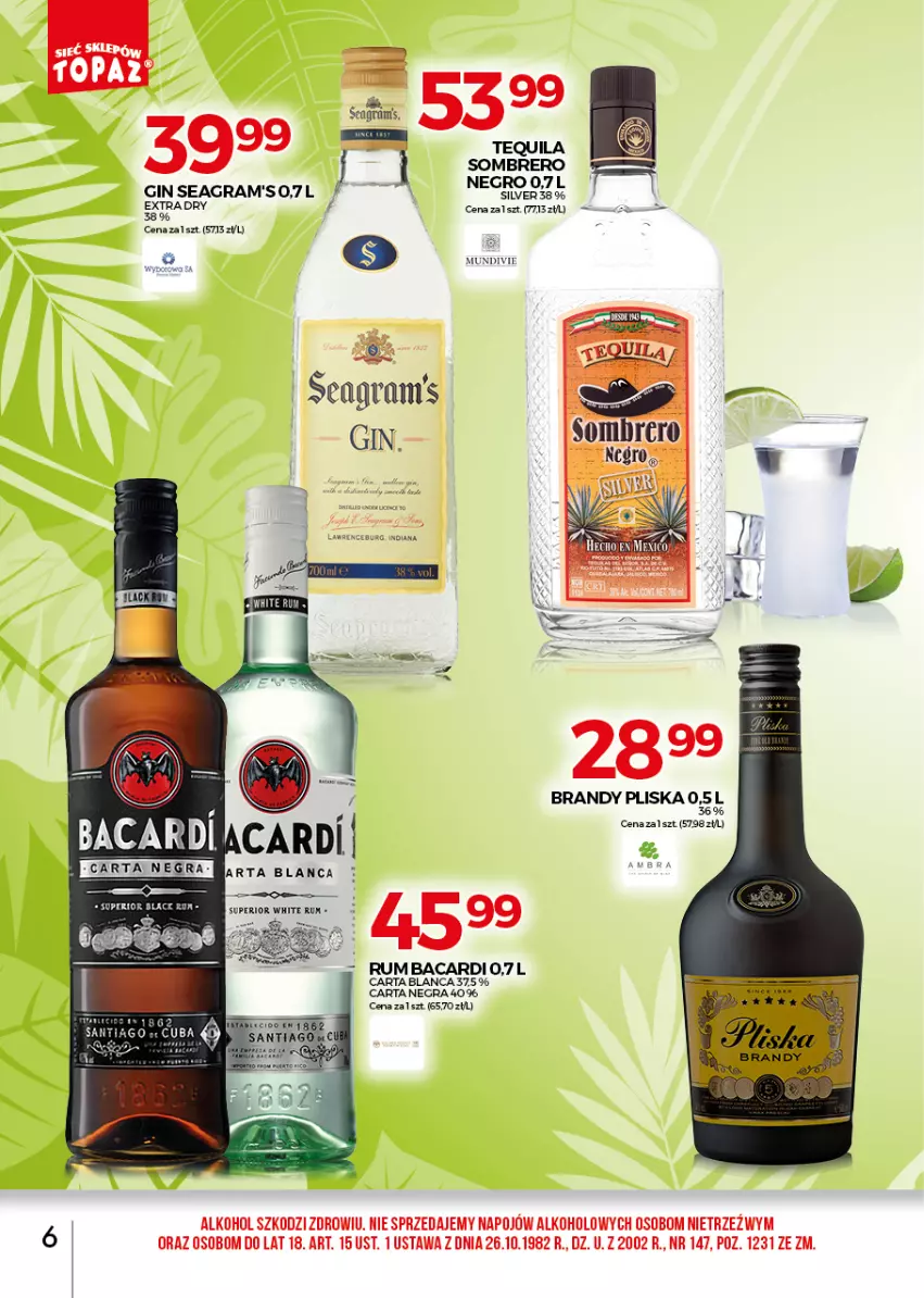 Gazetka promocyjna Topaz - Gazetka - ważna 01.07 do 31.07.2021 - strona 6 - produkty: Bacardi, Brandy, Gin, Gra, Pliska, Rum