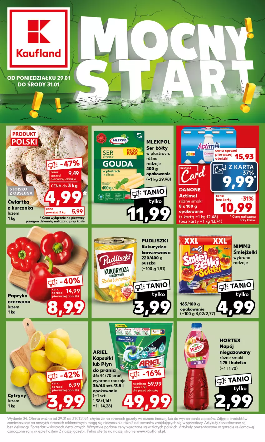 Gazetka promocyjna Kaufland - Mocny Start - ważna 29.01 do 31.01.2024 - strona 1 - produkty: Ariel, Danone, Hortex, Kukurydza, Kurczak, Napój, Nimm2, Pudliszki, Ser