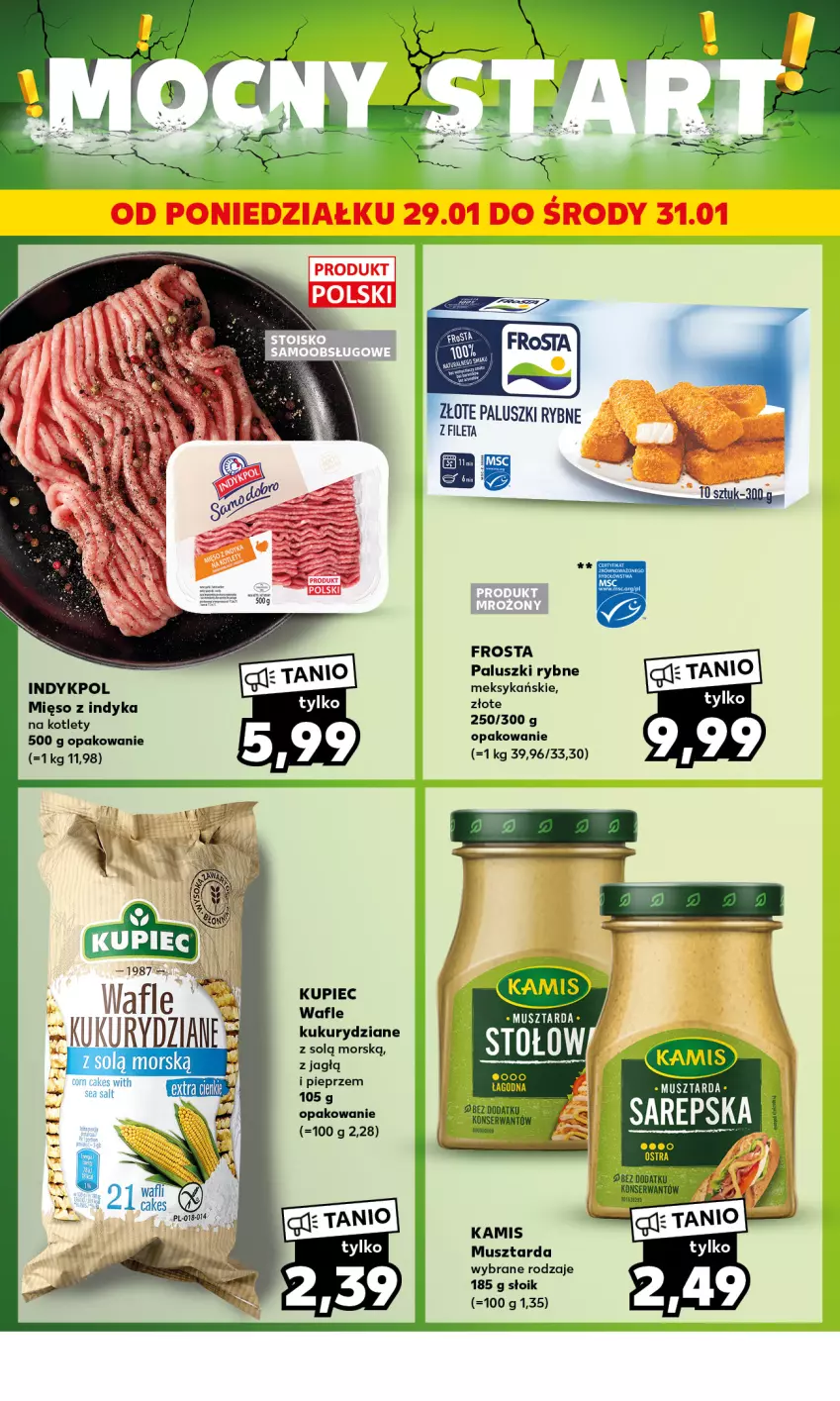 Gazetka promocyjna Kaufland - Mocny Start - ważna 29.01 do 31.01.2024 - strona 10 - produkty: Frosta, Kotlet, Kupiec, Mięso, Mięso z indyka, Mus, Musztarda, Paluszki rybne, Piec, Pieprz, Wafle