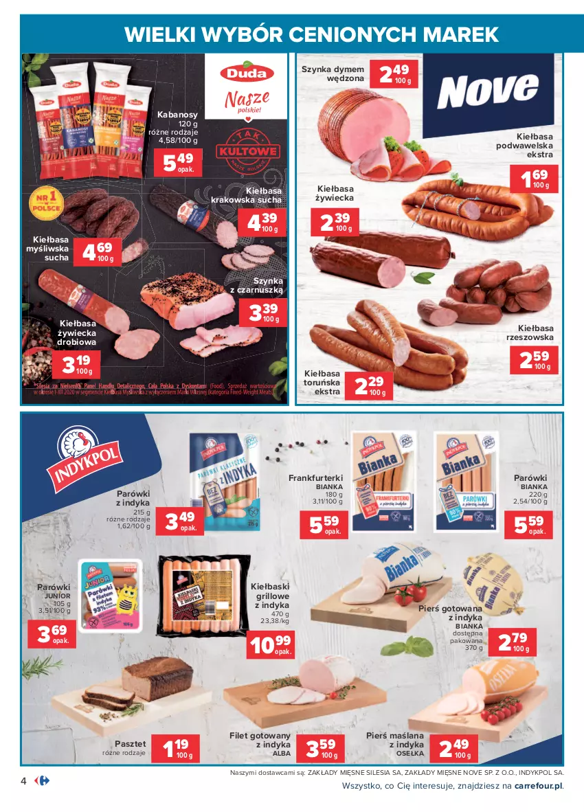 Gazetka promocyjna Carrefour - Gazetka Wielki wybór cenionych marek - ważna 19.07 do 31.07.2021 - strona 4 - produkty: Bianka, Frankfurterki, Grill, Kabanos, Kiełbasa, Kiełbasa krakowska, Kiełbasa podwawelska, LANA, Parówki, Parówki z indyka, Pasztet, Szynka, Wawel