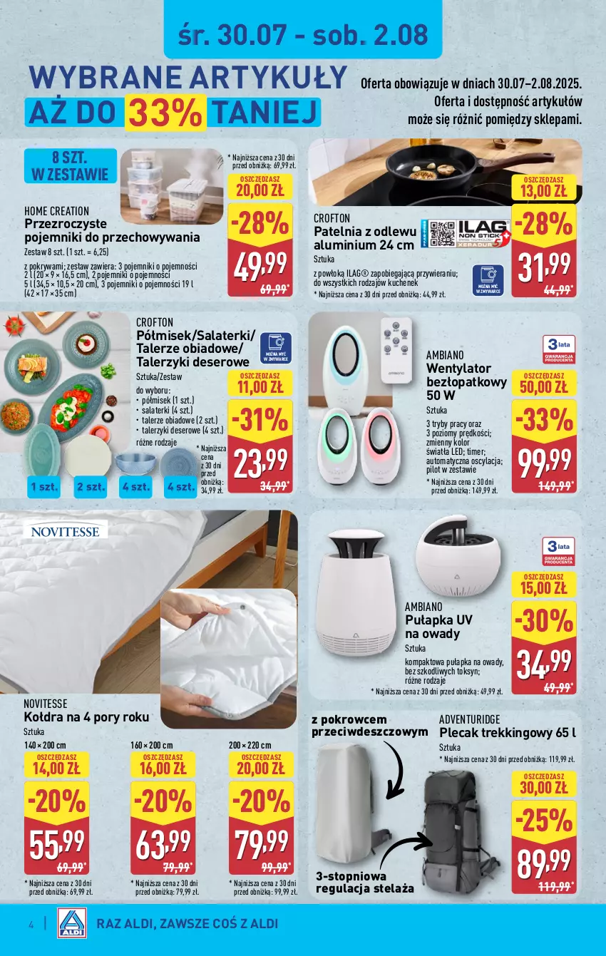 Gazetka promocyjna Aldi - Artykuły przemysłowe i tekstylia - ważna 30.07 do 02.08.2025 - strona 4 - produkty: Deser, Kołdra, Patelnia, Plecak, Pojemnik, Pokrywa, Por, Ser, Talerz, Talerzyk, Top