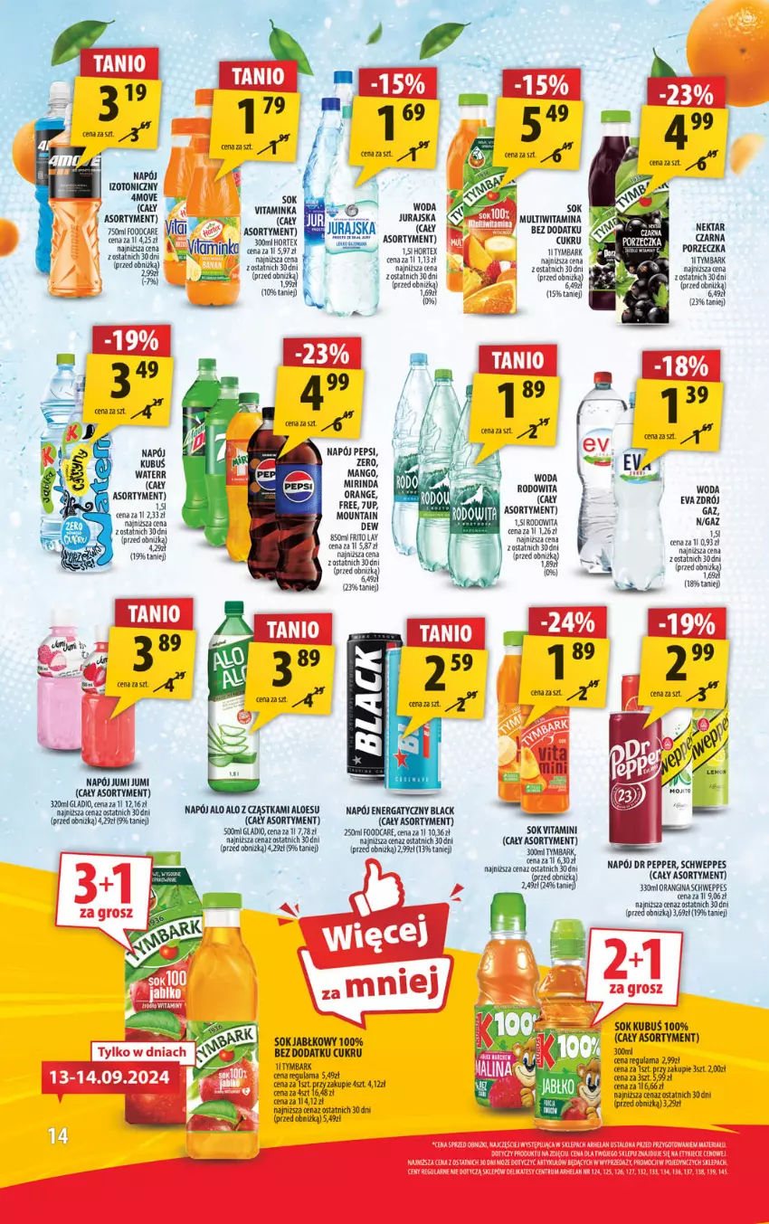 Gazetka promocyjna Arhelan - Gazetka - ważna 06.09 do 15.09.2024 - strona 14 - produkty: 7up, Gin, Hortex, Inka, Kubuś, Lack, Mango, Mirinda, Napój, Napój izotoniczny, Nektar, Pepsi, Por, Rum, Schweppes, Sok, Sok jabłkowy, Tymbark, Woda