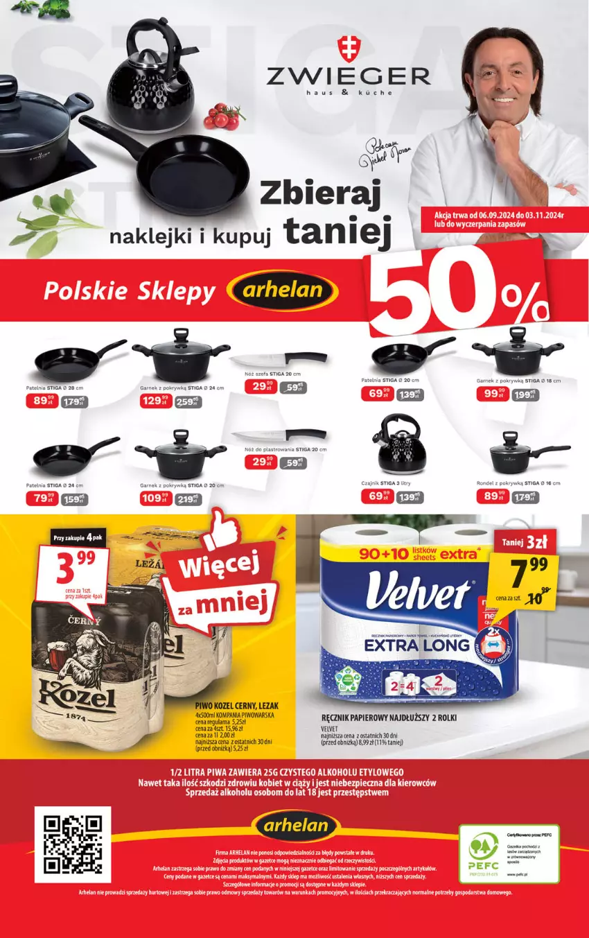 Gazetka promocyjna Arhelan - Gazetka - ważna 06.09 do 15.09.2024 - strona 20 - produkty: Fa, Garnek, Klej, Kozel, Papier, Patelnia, Piwo, Ręcznik, Rolki, Velvet